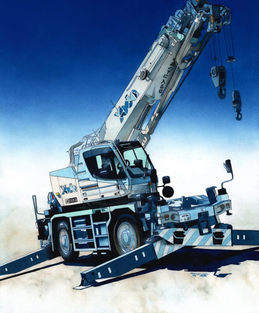 与田リース株式会社 水彩イラスト クレーン 建設機働く車