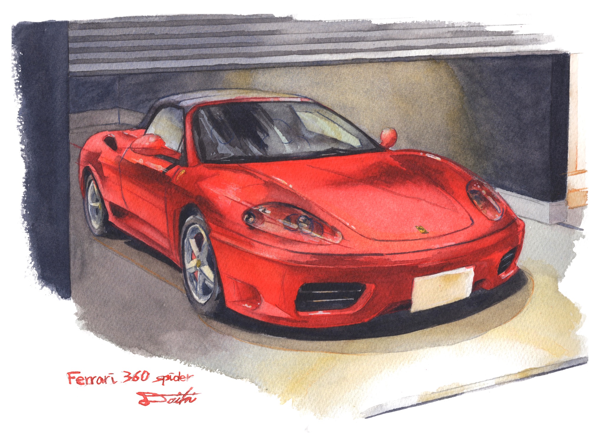 フェラーリ モデナ360スパイダー 水彩クルマイラスト