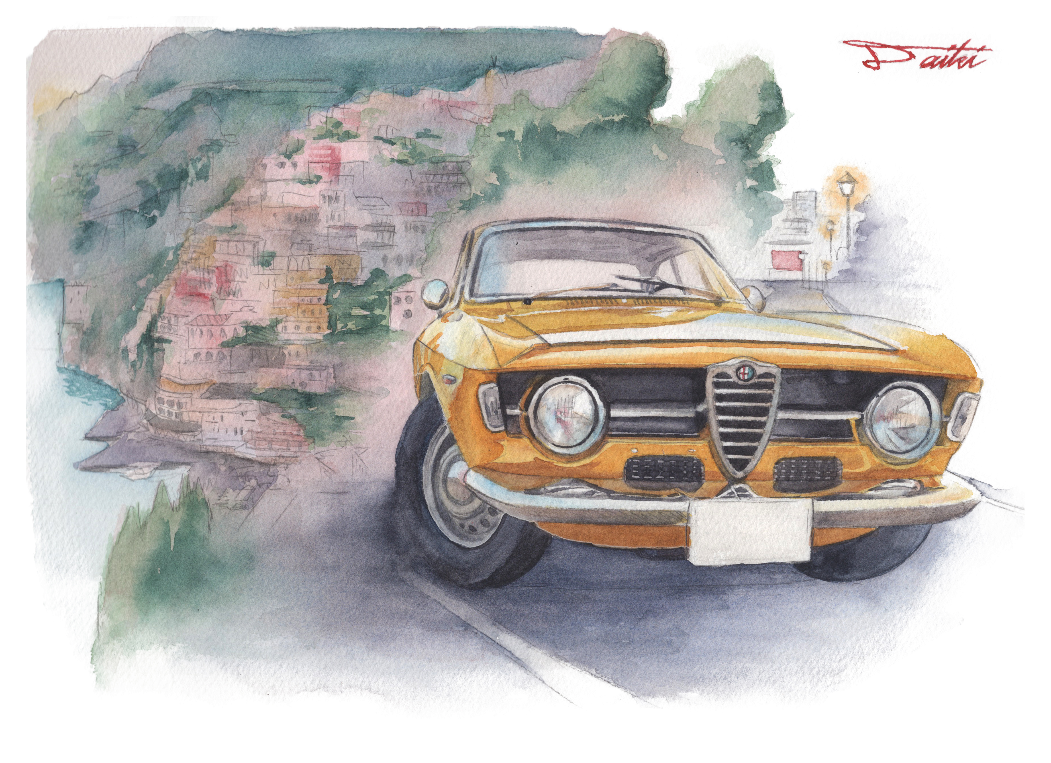 アルファロメオ ジュニアスプリント GTA 水彩クルマイラスト