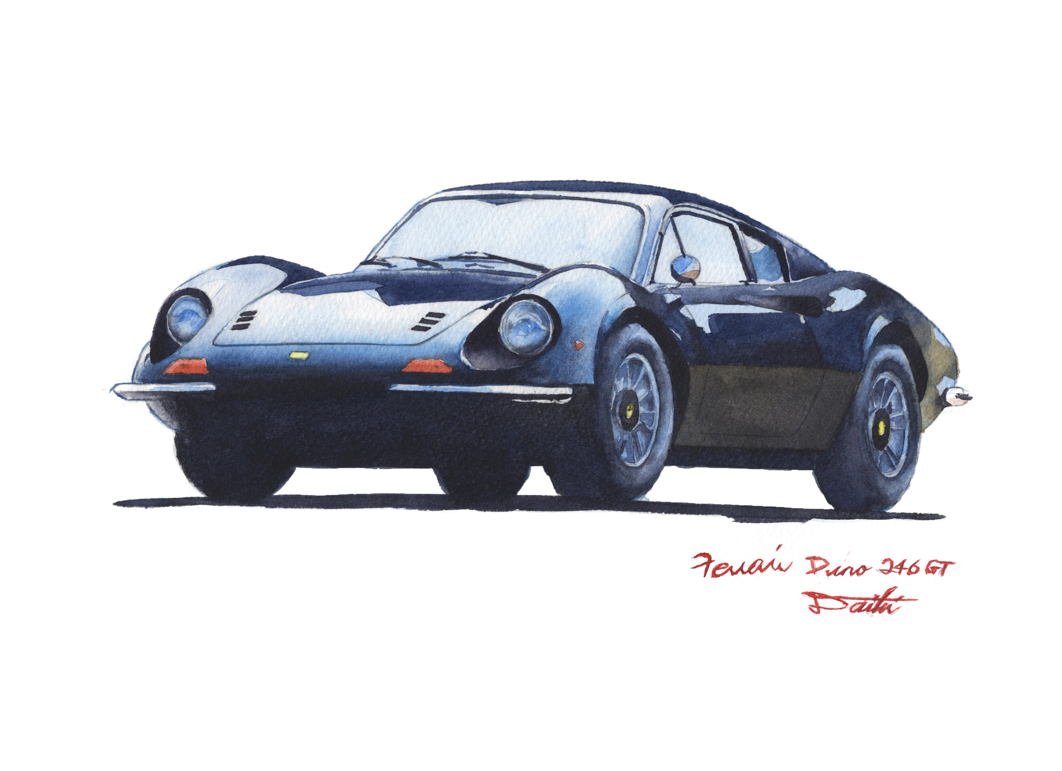 フェラーリ ディーノ246GT 水彩クルマイラスト