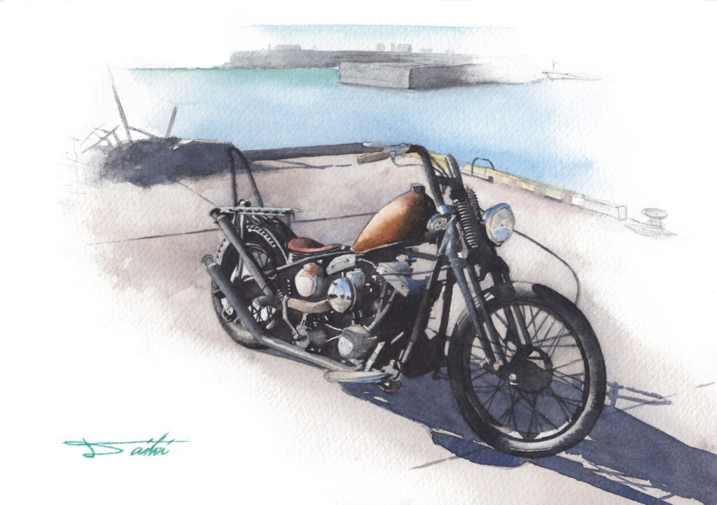 HarleyDavidson ショベルヘッド 水彩バイクイラスト
