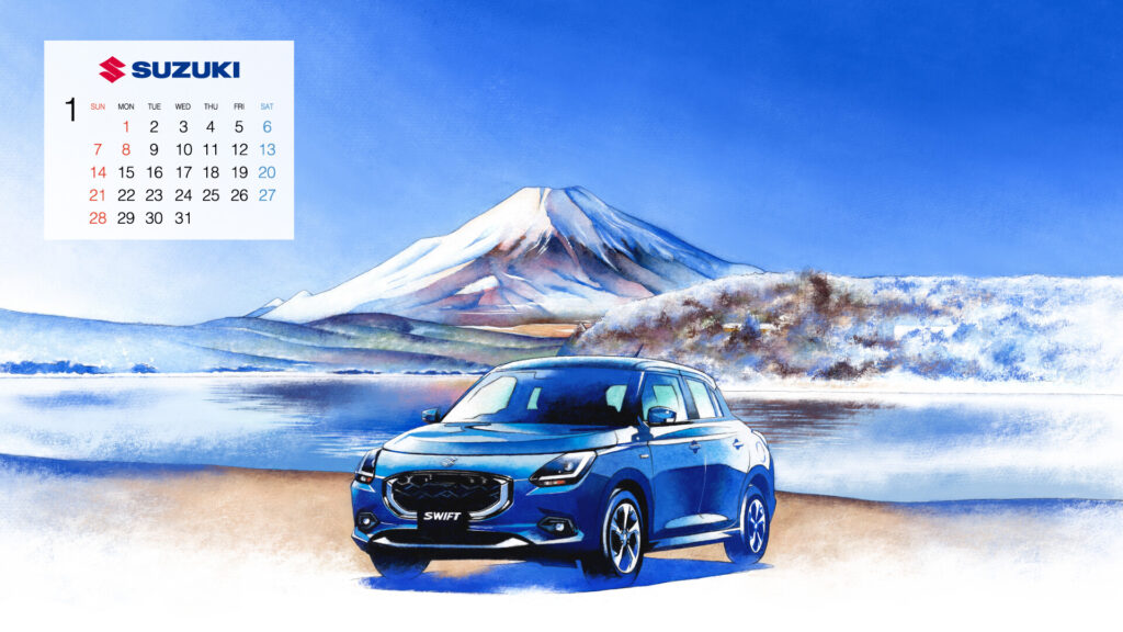 SUZUKI SNS配布用オリジナルカレンダー 1月 新型スイフト 
水彩車イラスト