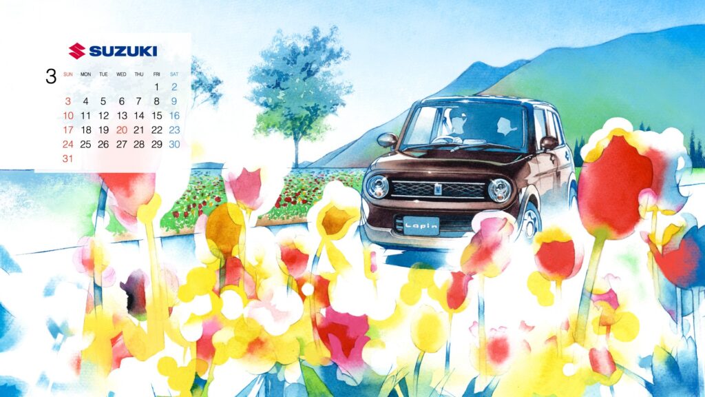 SUZUKI SNS配布用オリジナルカレンダー 3月 ラパン 水彩 車イラスト