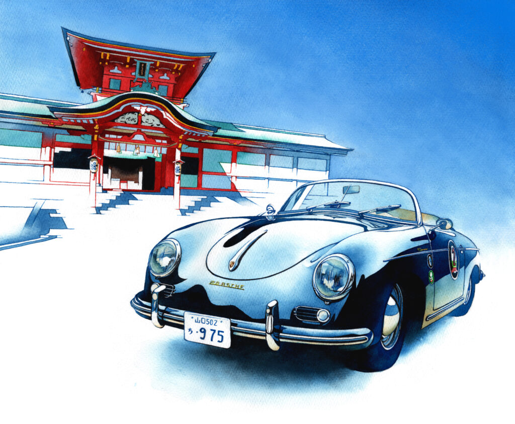 クラシックカーイベント La Festa della Automobille Classica 2024 メインビジュアルイラスト ポルシェ356スピードスターと防府天満宮 水彩車イラスト