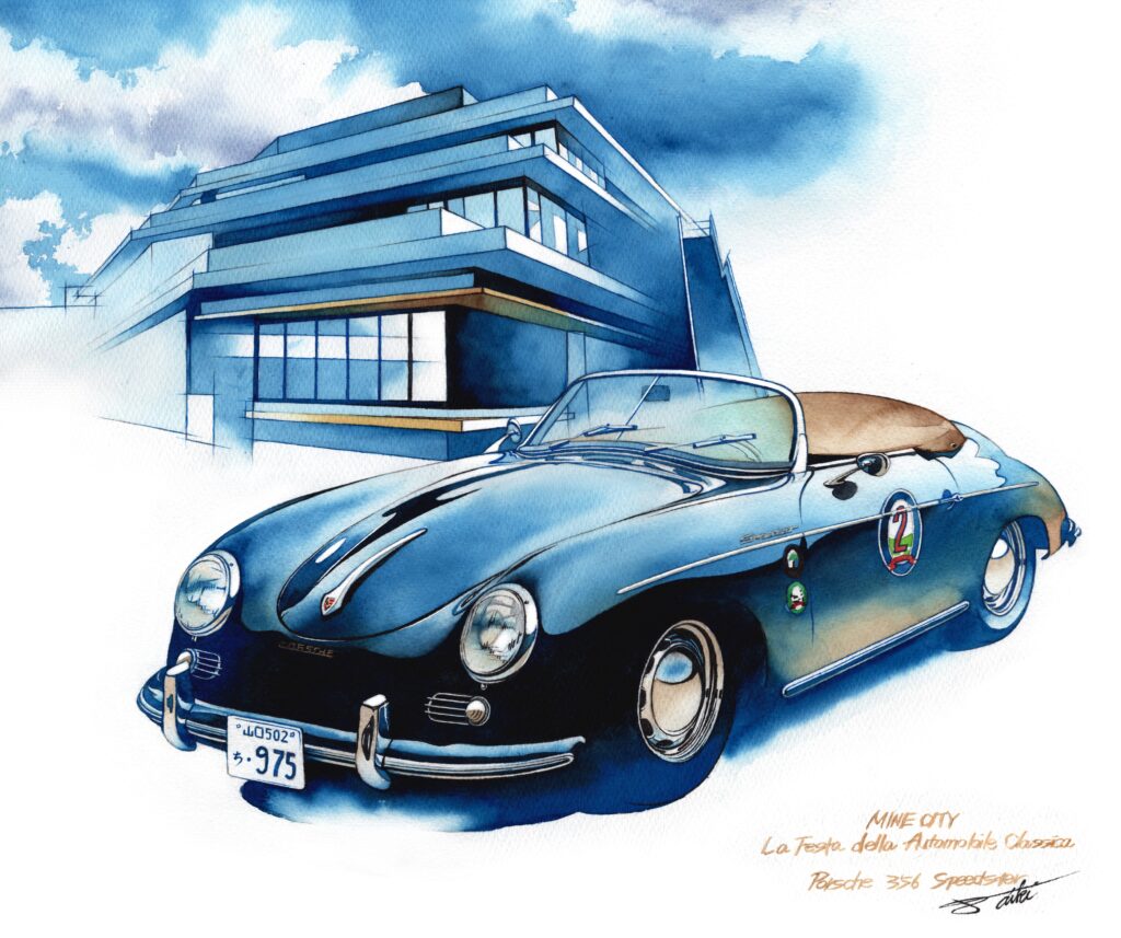 クラシックカーイベント La Festa della Automobile Classica 2024 15th'Anniversary 記念 山口県美祢市役所イラスト贈呈 ポルシェ356スピードスター 水彩車イラスト