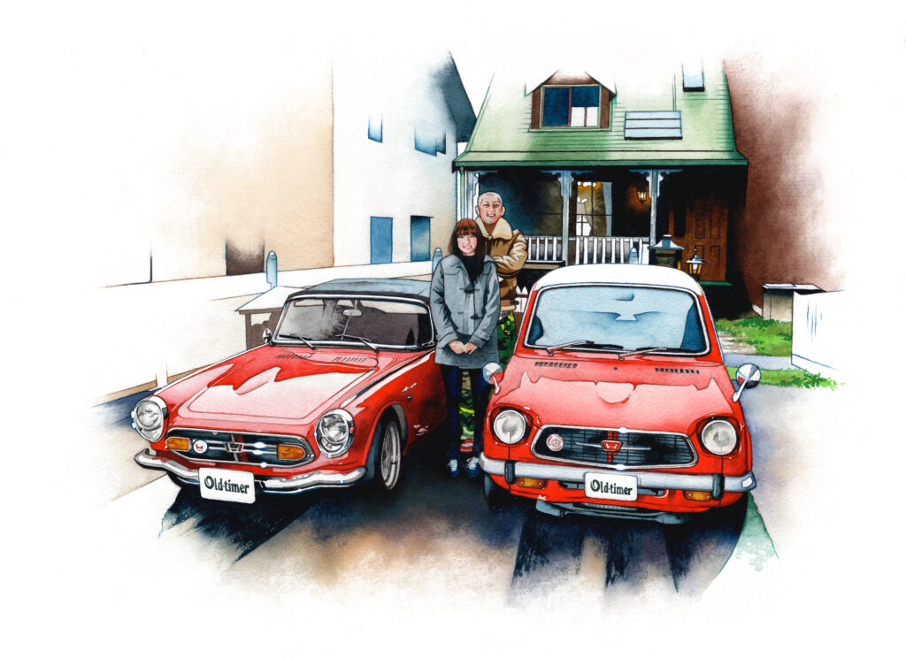 【装画】雑誌 旧車オーナー読本 vol.10 (old-timer ヤエスメディアムック939号) 表紙車イラスト ホンダNⅢ360スーパーデラックスとホンダS800 水彩