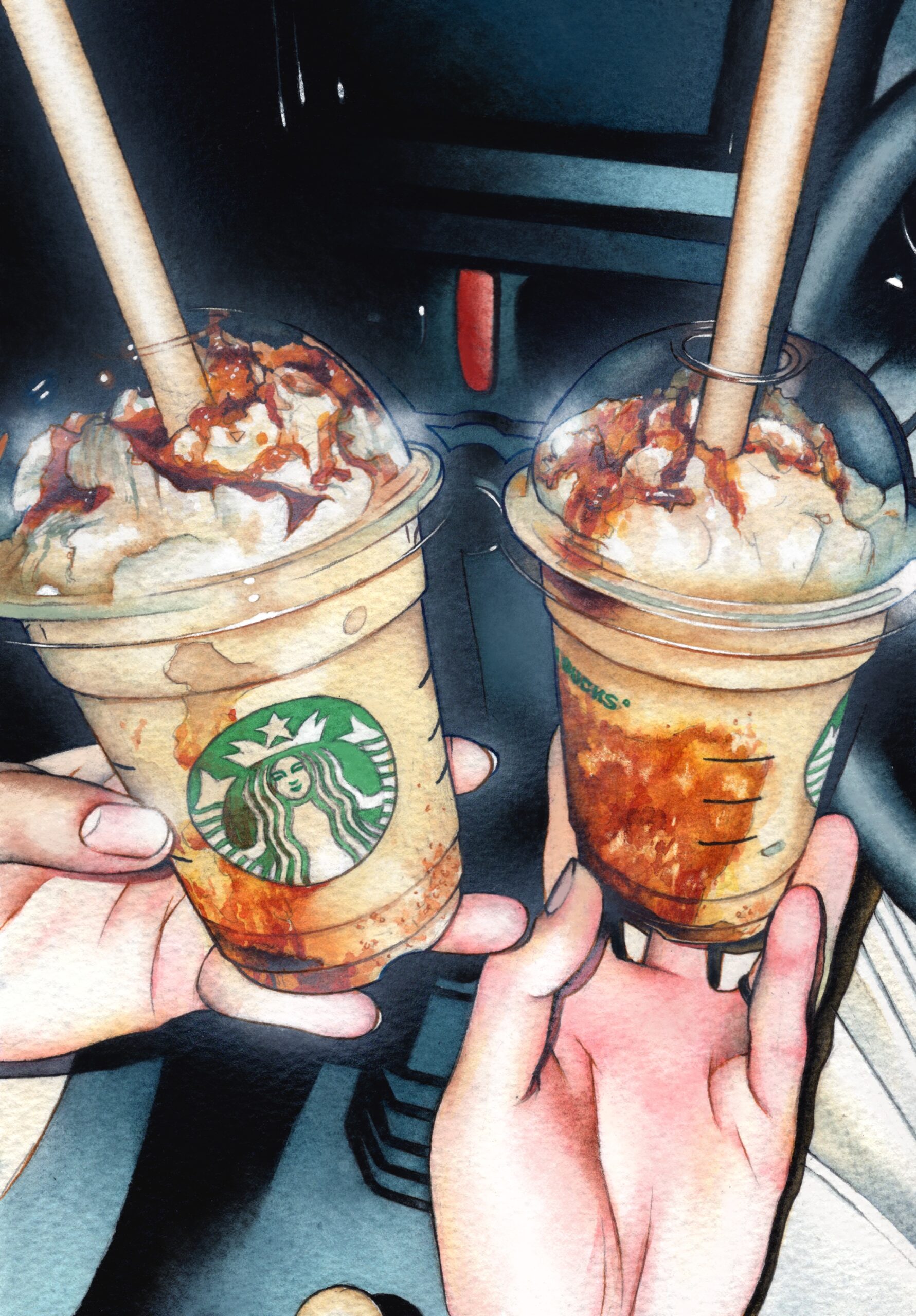 テイクアウトドリンクを片手に夜のドライブを描いたアナログ水彩風景イラスト