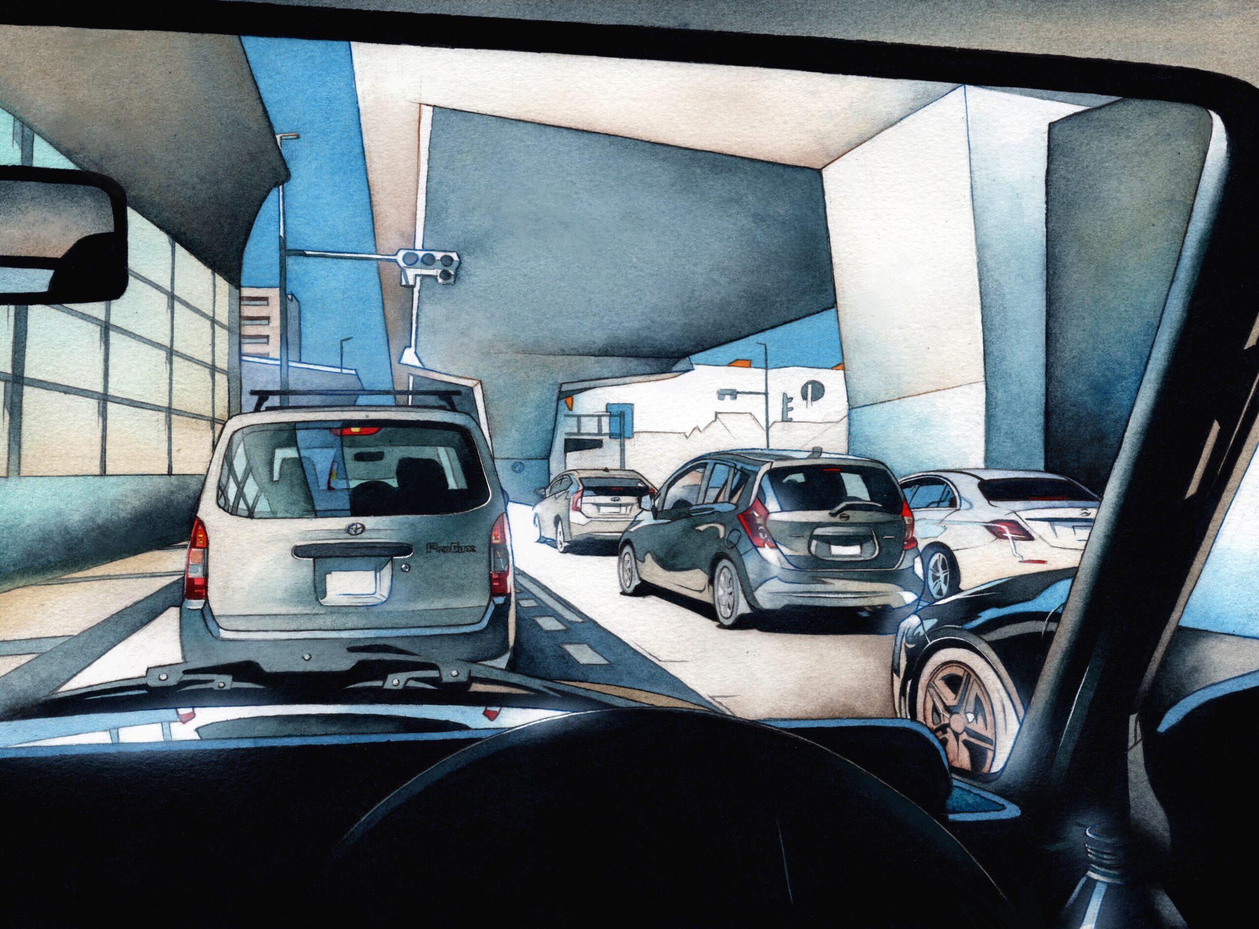 車の運転席から見た高架下の風景を描いたアナログ水彩イラスト