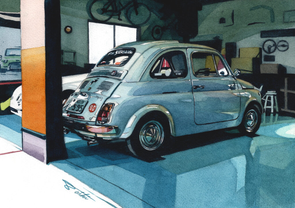 FIAT500 アナログ水彩車イラスト作品