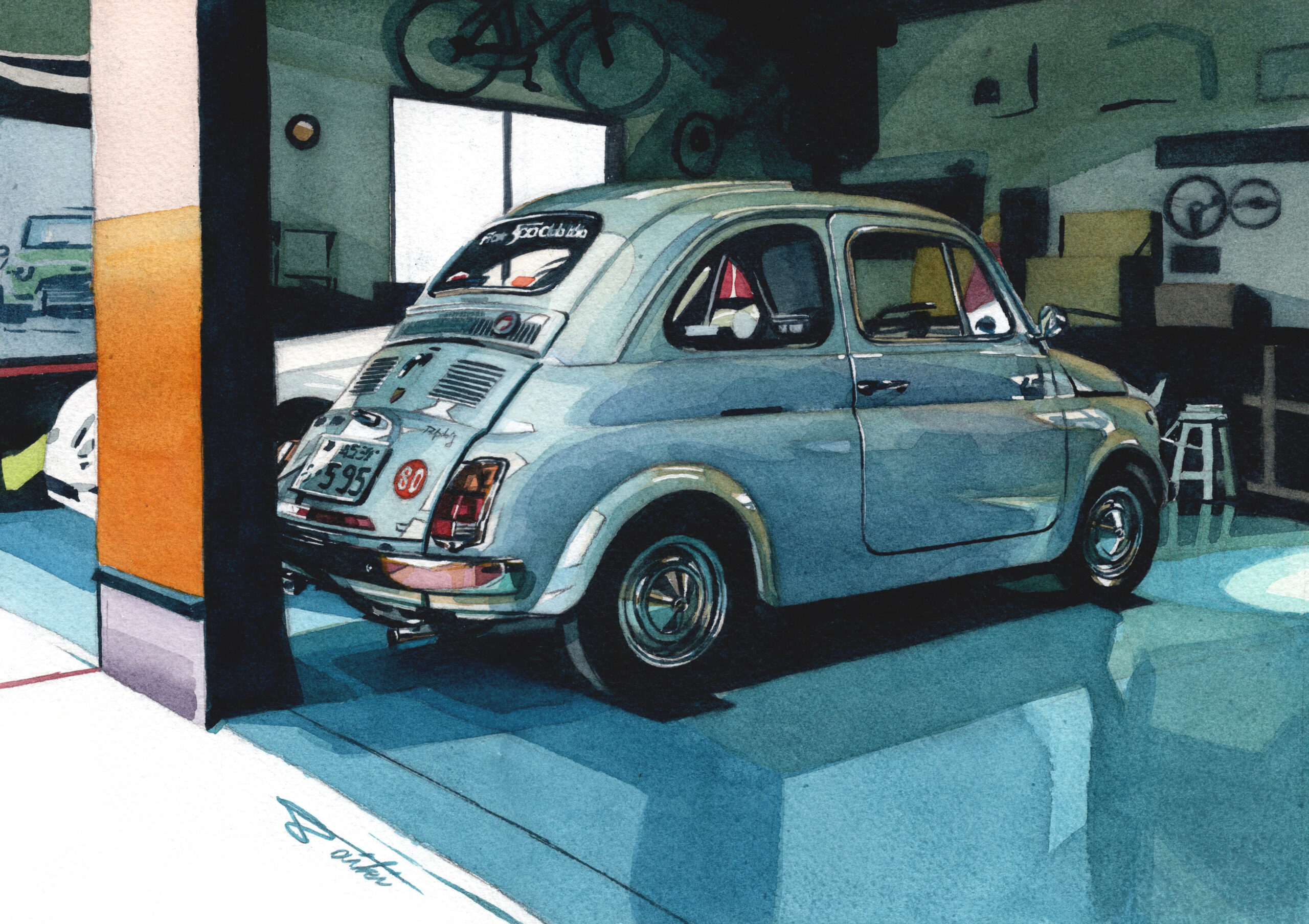 FIAT500 アナログ水彩車イラスト作品