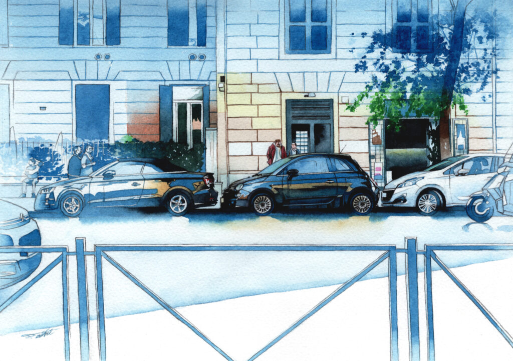 イタリアの路駐された車を描いた街のアナログ水彩イラスト作品