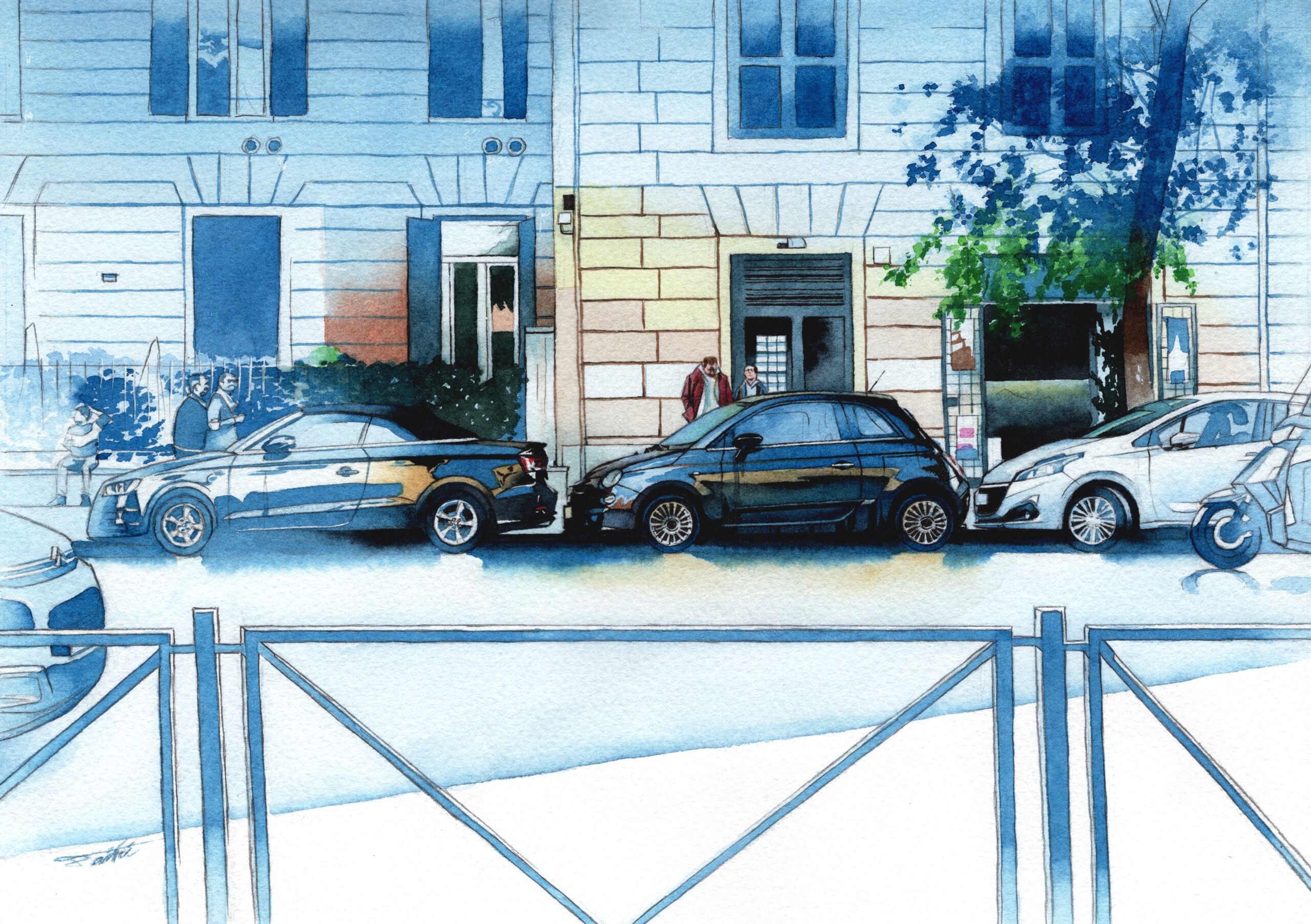 イタリアの路駐された車を描いた街のアナログ水彩イラスト作品