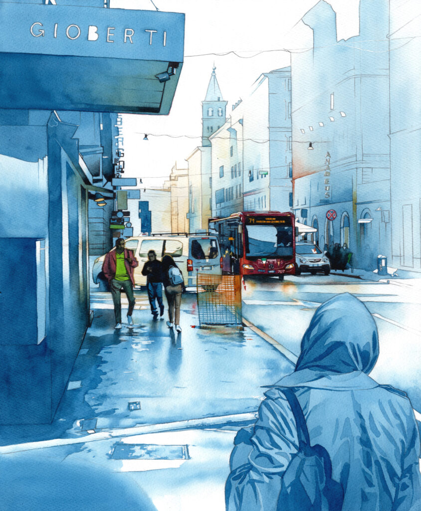 イタリアの雨上がりの街の風景を描いたアナログ水彩イラスト作品