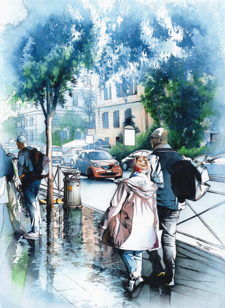 イタリアの雨上がりの街の風景を描いたアナログ水彩イラスト作品