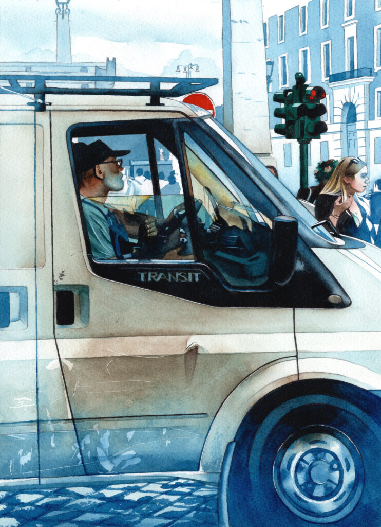 イタリアの街の中を車で走る配達員の老人を描いたアナログ水彩イラスト