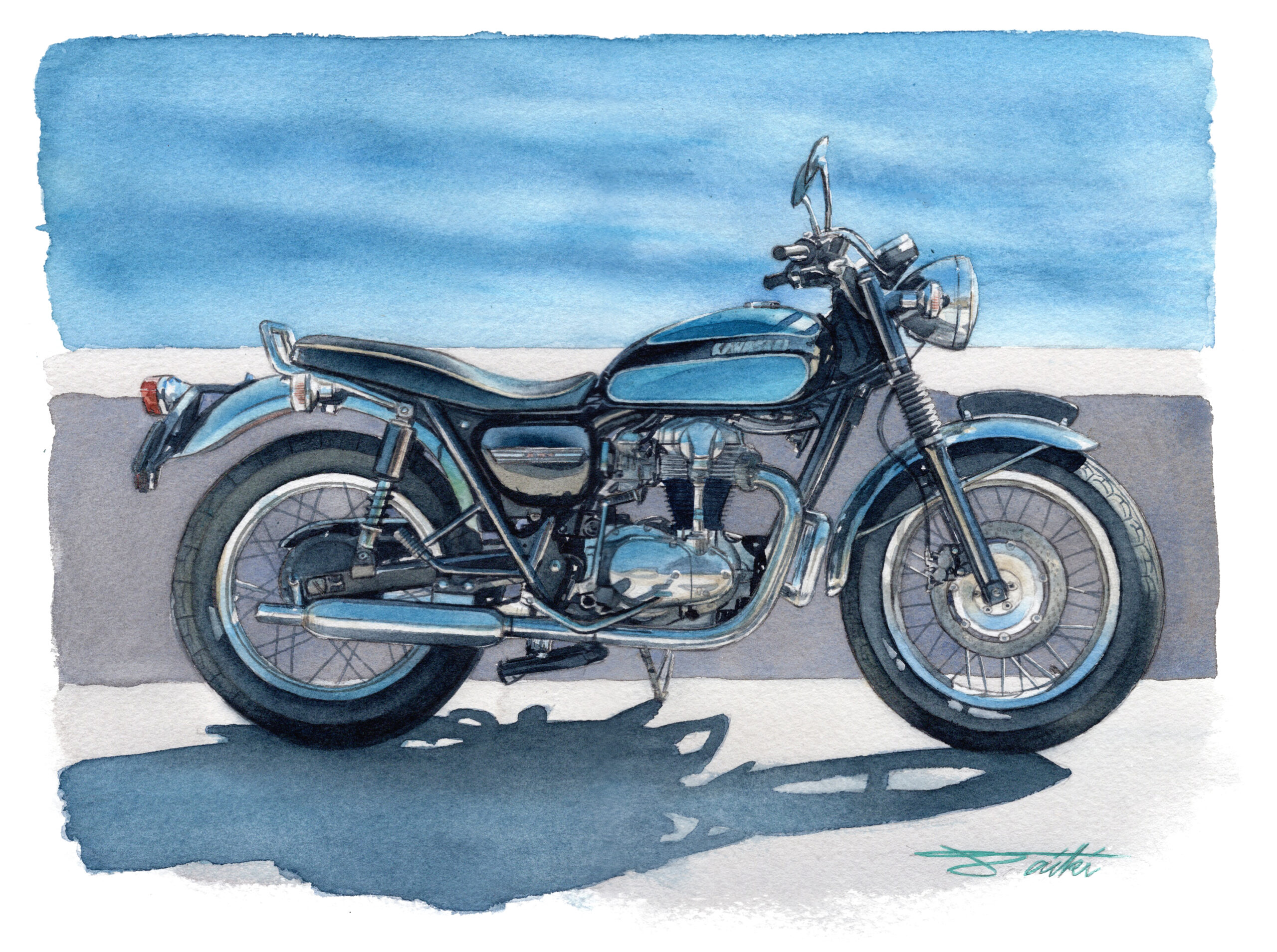 Kawasaki W650 アナログ水彩バイクイラスト