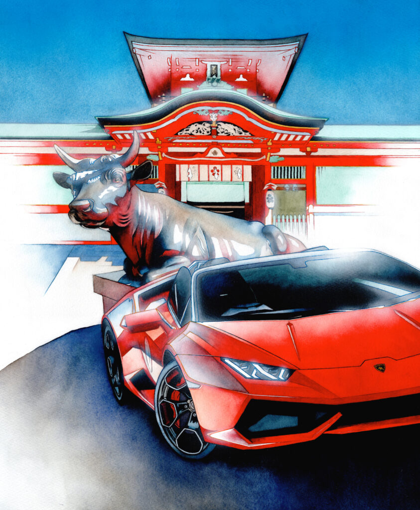 クラシックカーイベント『La Festa della Automobile Classica 2026』メインビジュアル ランボルギーニと防府天満宮のアナログ水彩イラスト