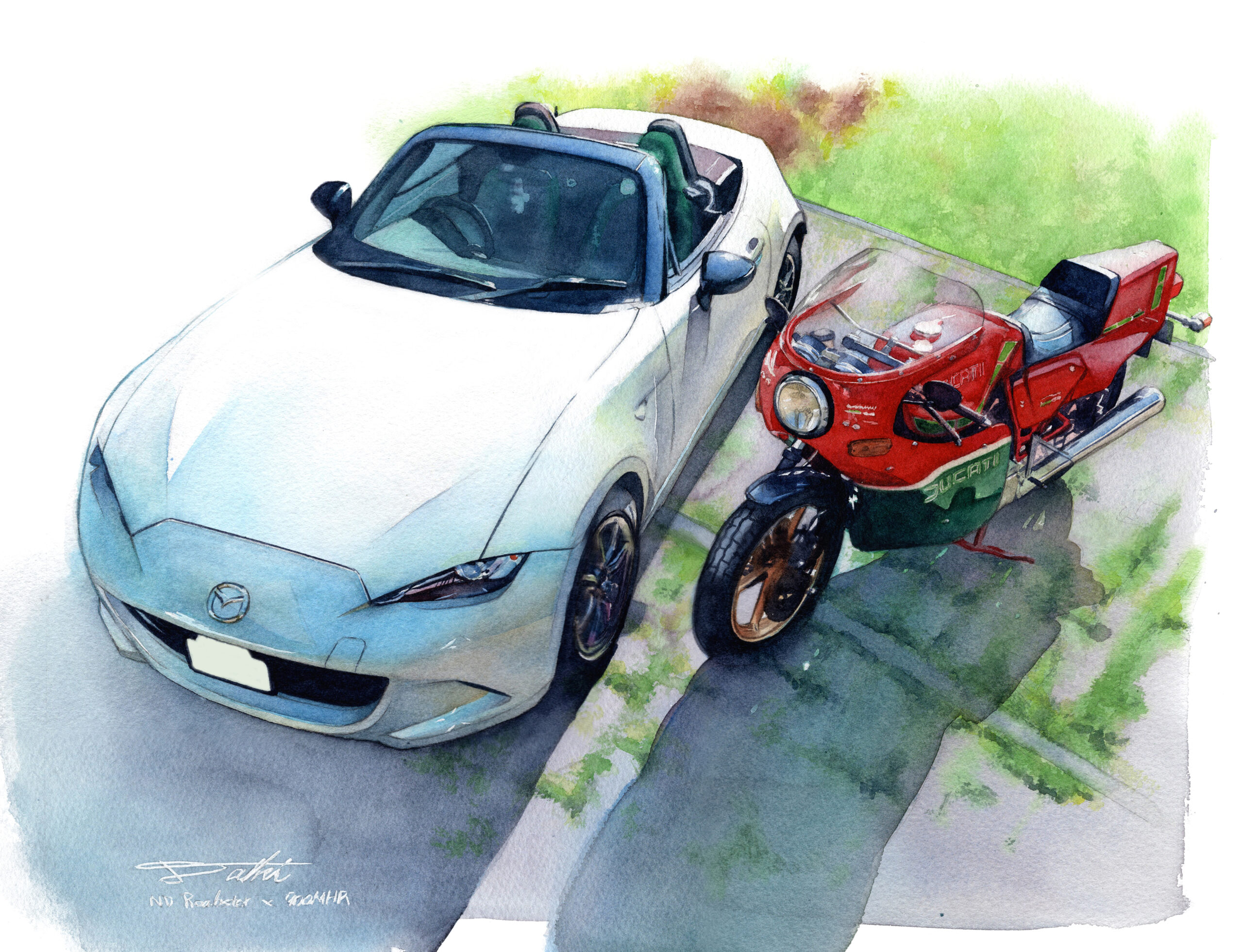 オーダー MAZDA ND ロードスター DUCATI900MHR アナログ水彩車・バイクイラスト