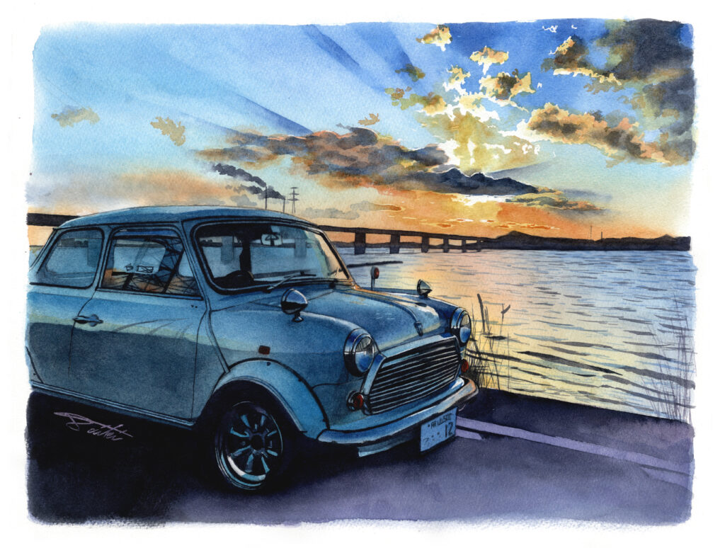 オーダー ローバミニを夕陽と海と共に描いたアナログ水彩車イラスト