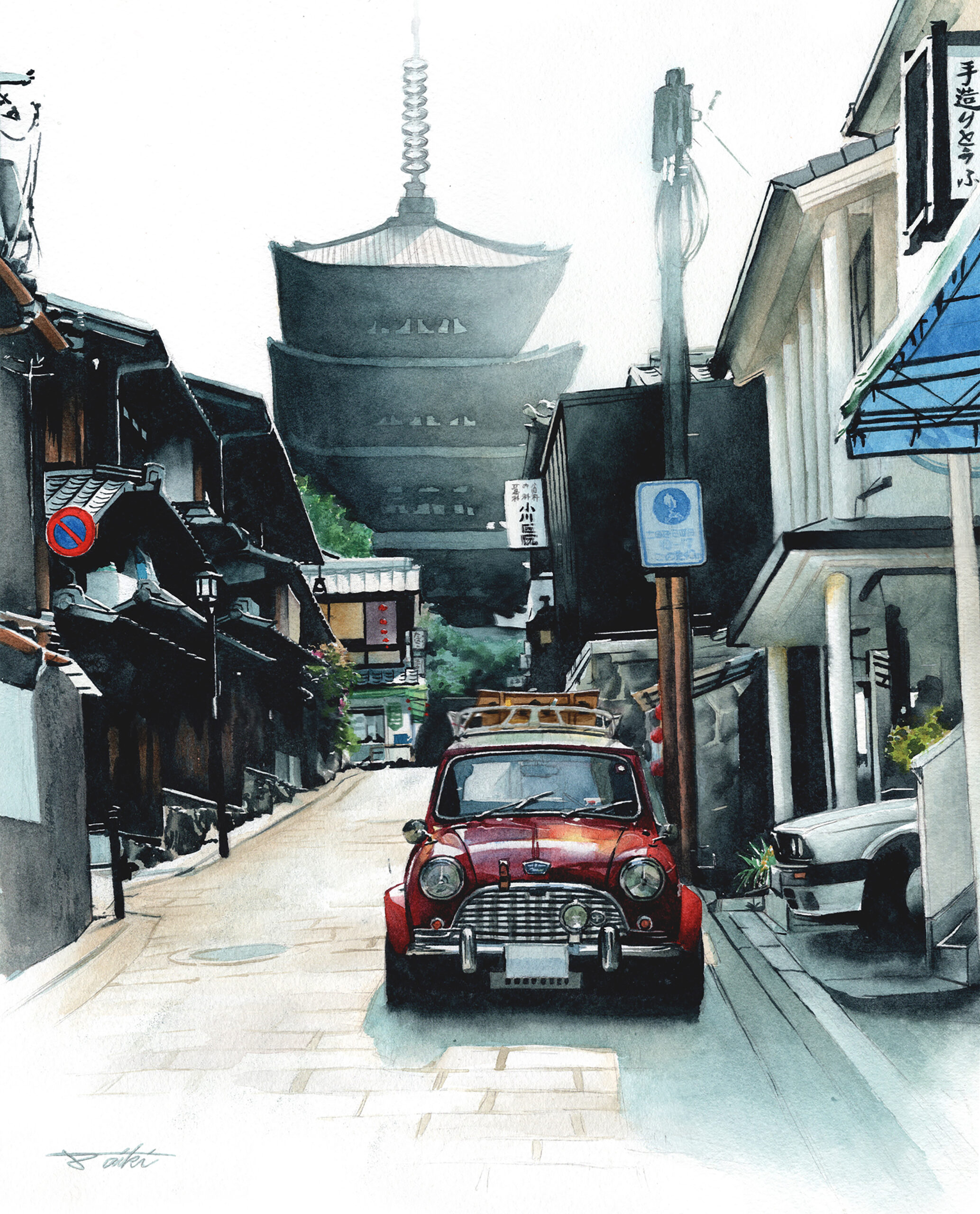 京都の街中に佇むローバーミニのアナログ水彩車イラスト