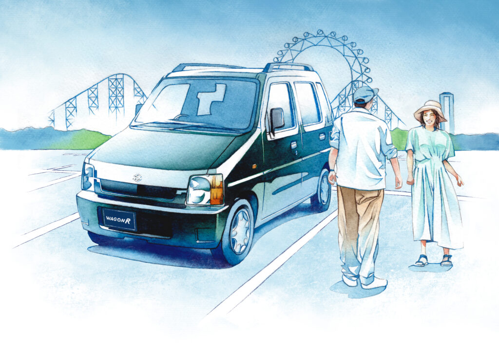 カプセルトイ Figure Vehicle(フィギュアビークル)シリーズ第2弾「SUZUKI WAGON R(スズキ ワゴンアール)」メインビジュアル 車とカップルを描いたアナログ水彩イラスト