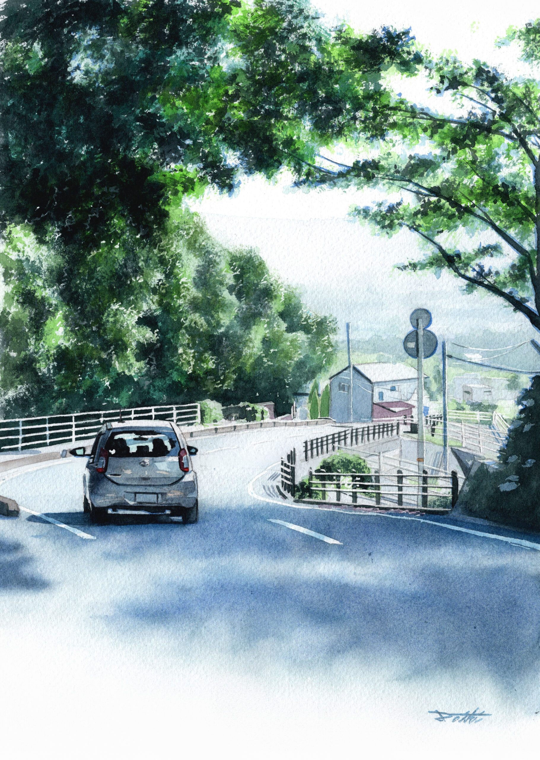 木漏れ日の中を走る車を描いたアナログ水彩風景イラスト作品