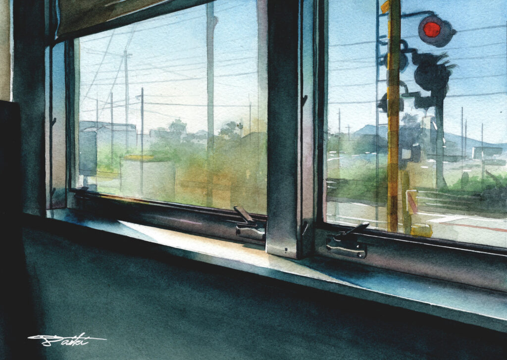電車の車窓から見える景色を描いたアナログ水彩風景イラスト