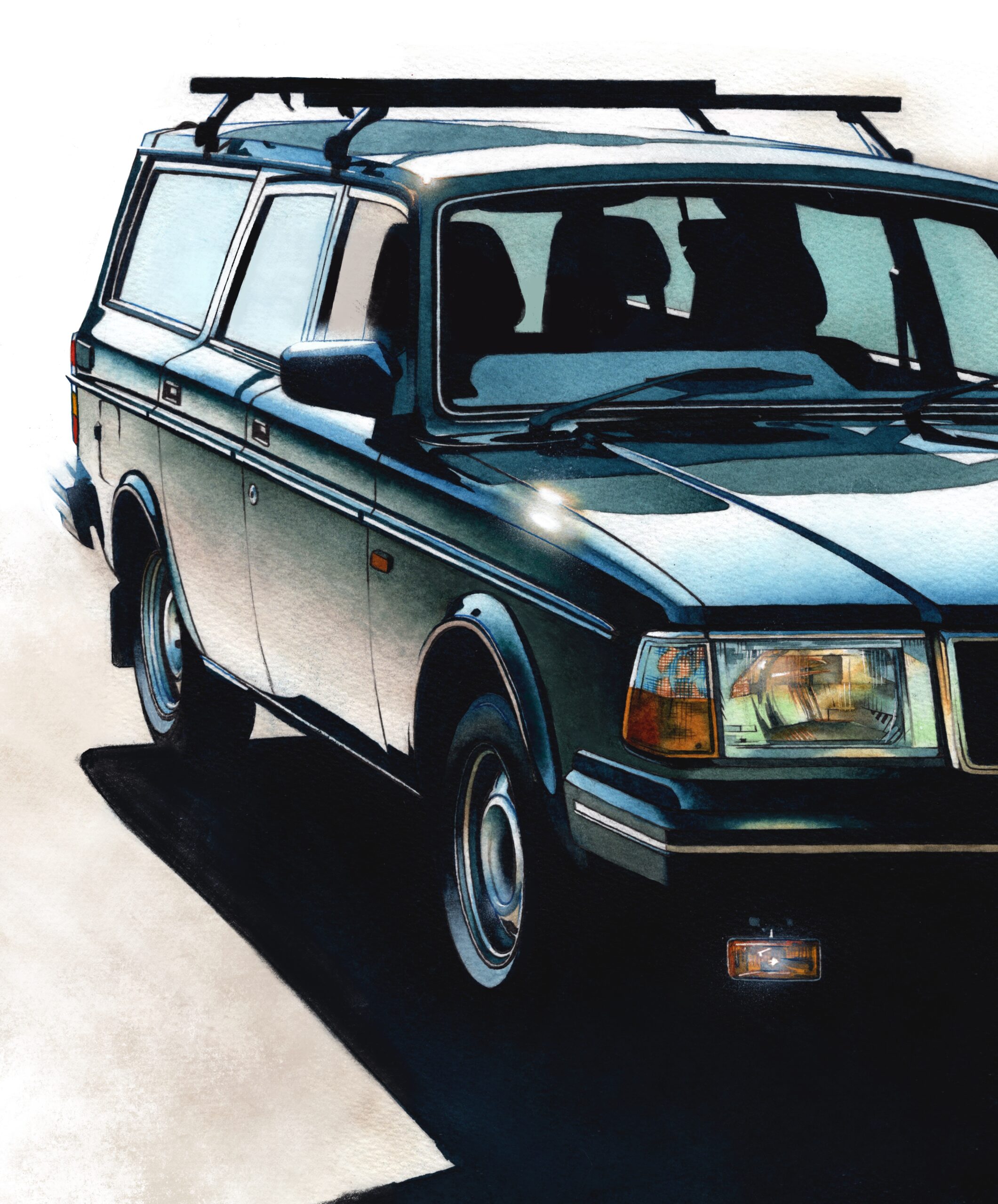 ボルボ240エステートのアナログ水彩車イラスト作品