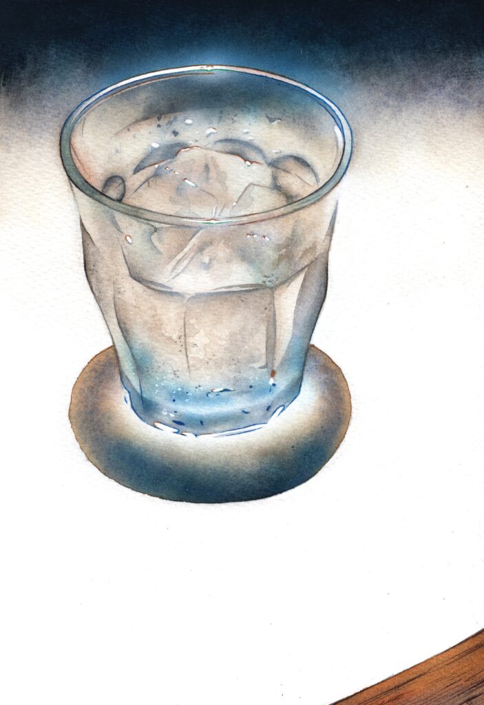グラスに注がれた『お冷』を描いたアナログ水彩風景イラスト作品