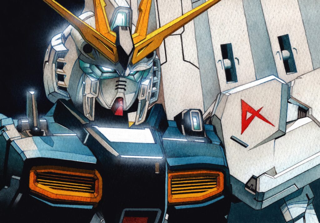 機動戦士ガンダム『逆襲のシャア』νガンダムのファンアートを描いたアナログ水彩イラスト