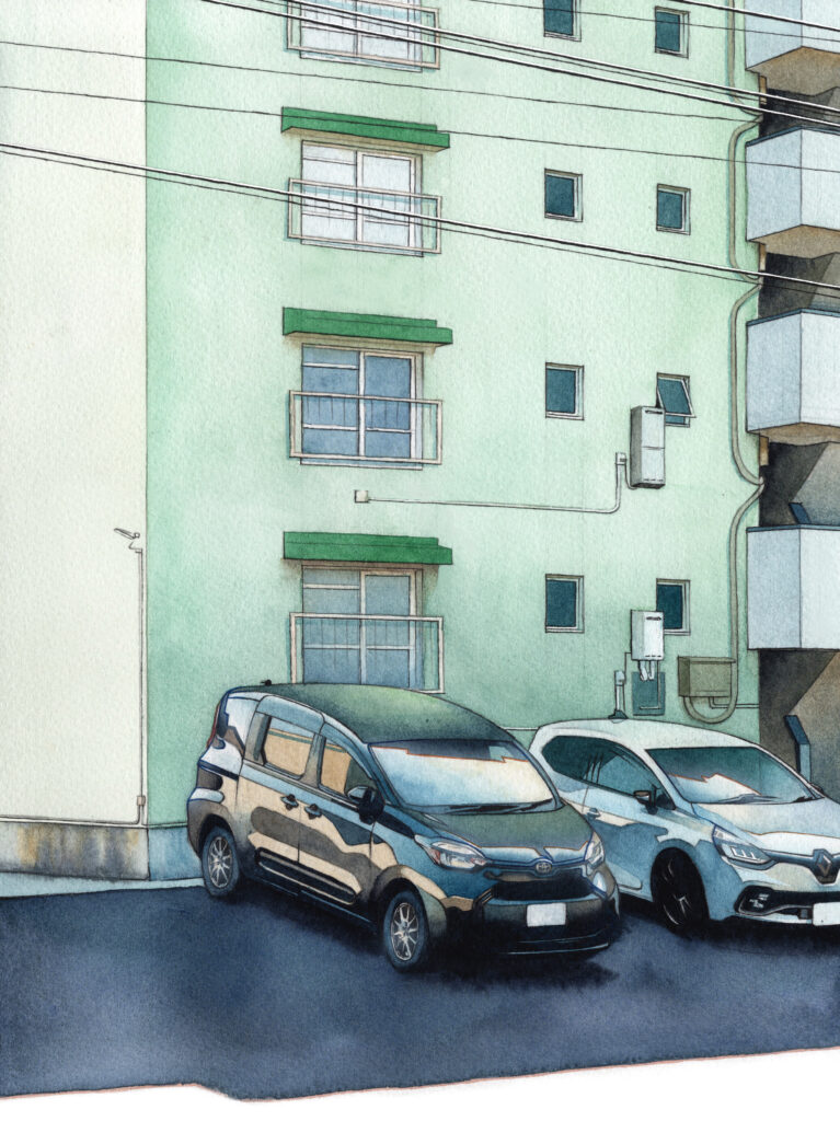 団地のある日常の風景を描いたアナログ水彩風景イラスト作品『認識』