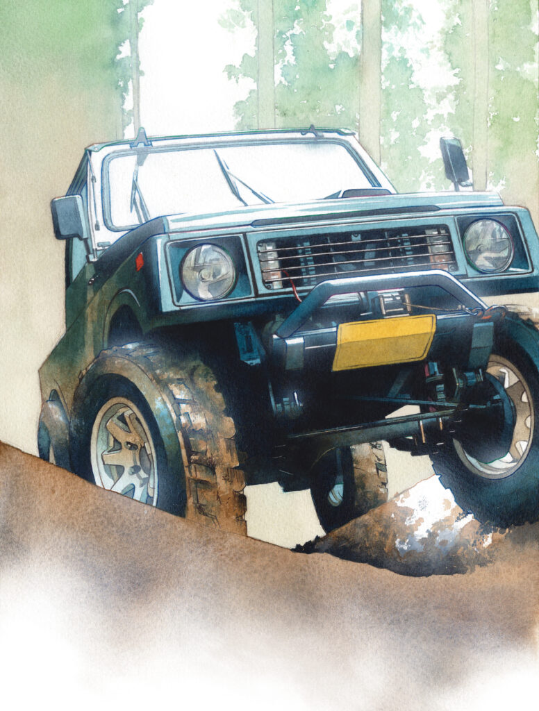 オフロードを走行する幌のジムニー アナログ水彩車イラスト