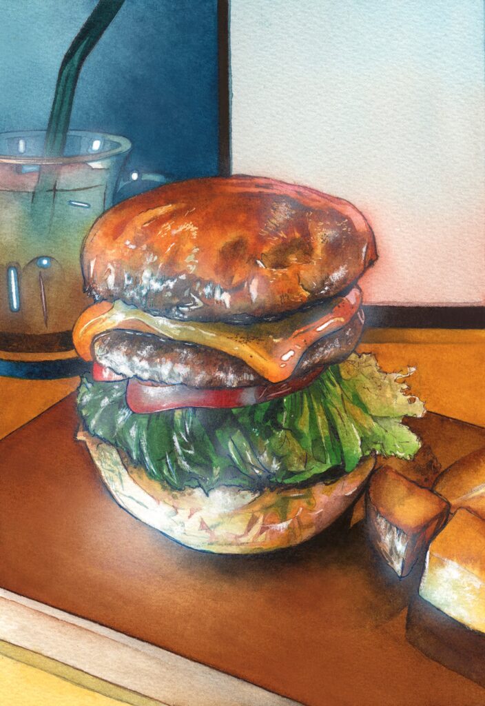 ハンバーガー アナログ透明水彩 食べ物イラスト｜角島 OZ BURGER