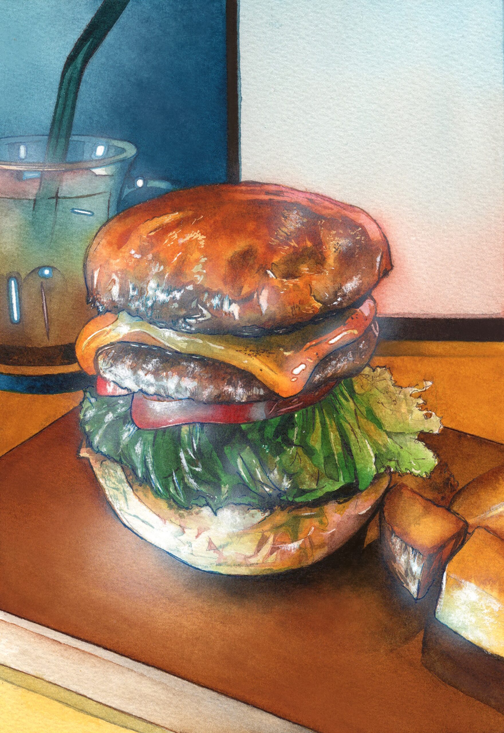 ハンバーガー アナログ透明水彩 食べ物イラスト｜角島 OZ BURGER