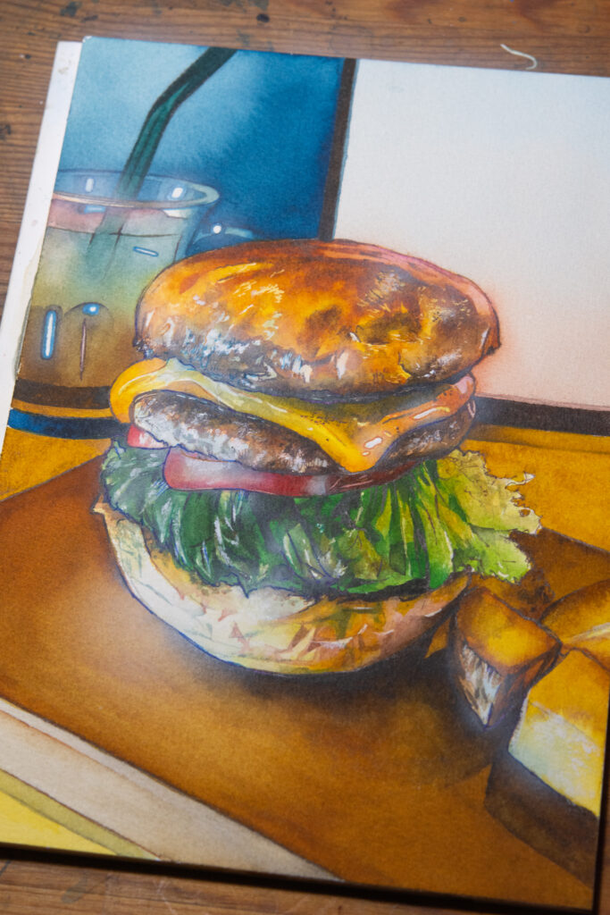 ハンバーガー アナログ透明水彩 食べ物イラスト｜角島 OZ BURGER