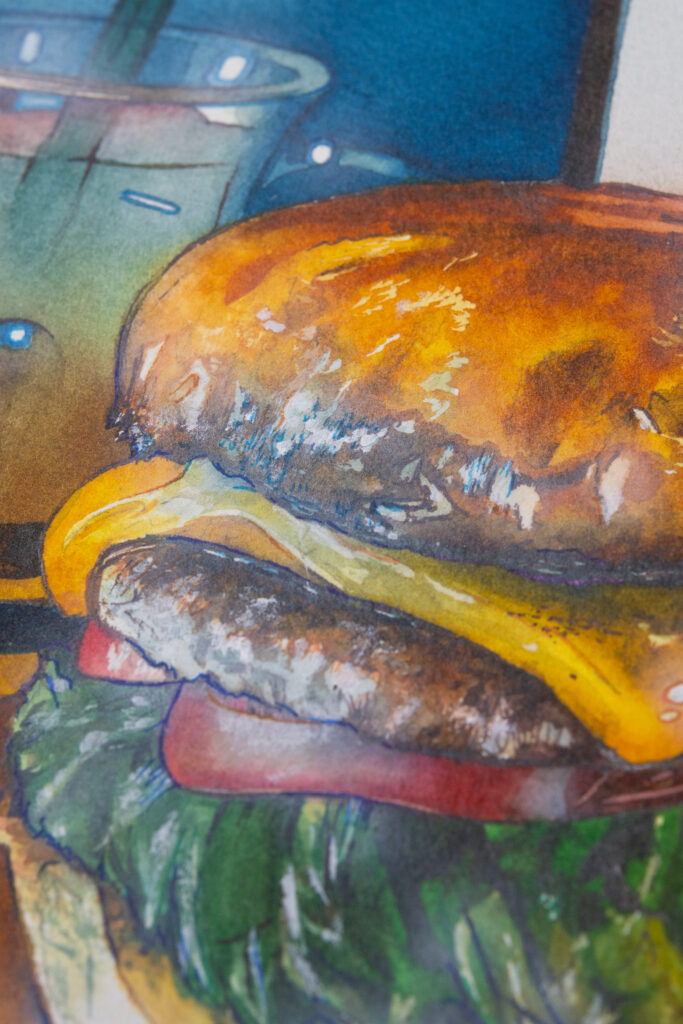 ハンバーガー アナログ透明水彩 食べ物イラスト｜角島 OZ BURGER