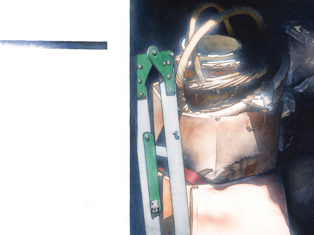 都市の片隅に差し込む光を描いた透明水彩作品『mistake』