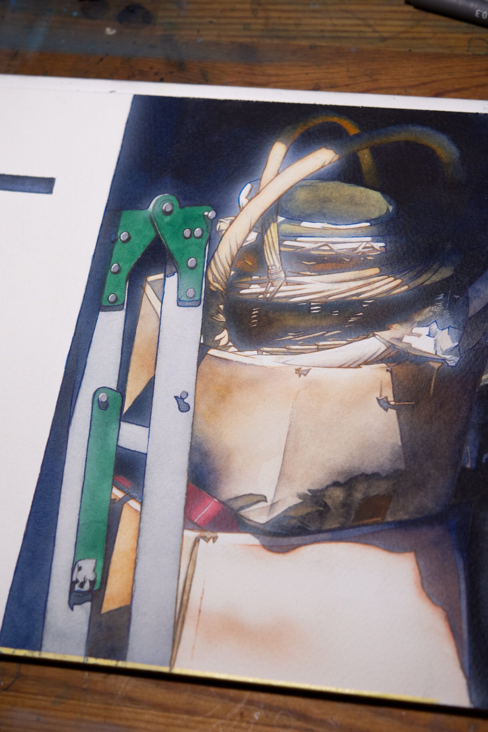 都市の片隅に差し込む光を描いた透明水彩作品『mistake』