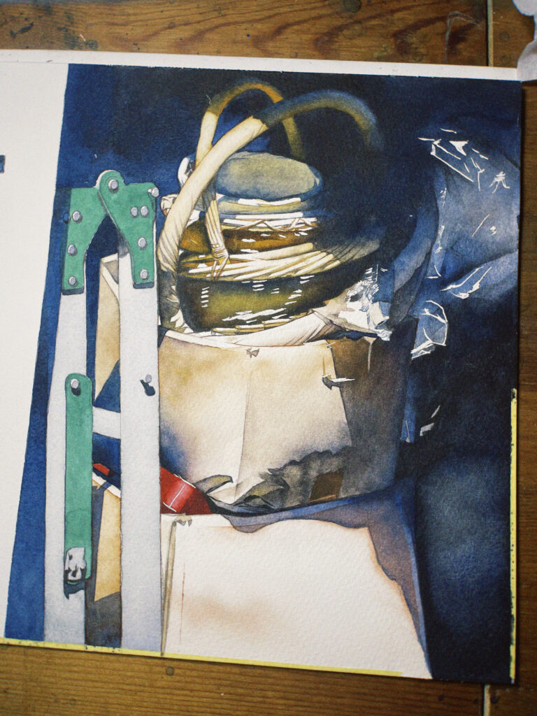 都市の片隅に差し込む光を描いた透明水彩作品『mistake』