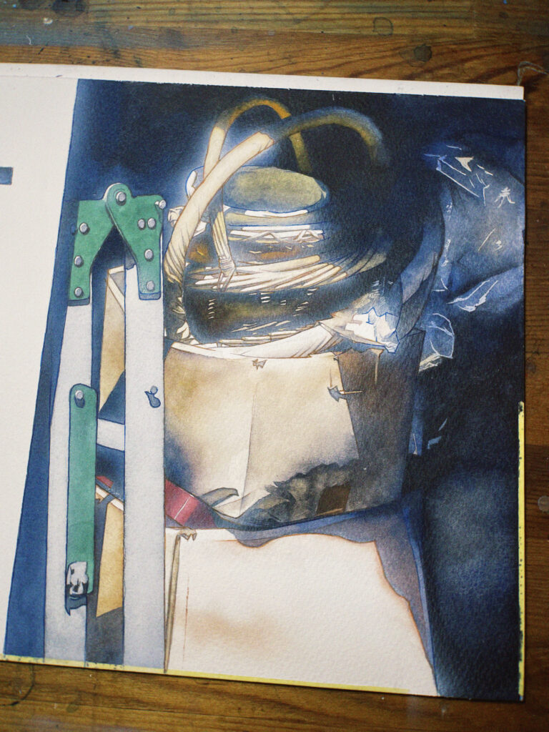 都市の片隅に差し込む光を描いた透明水彩作品『mistake』